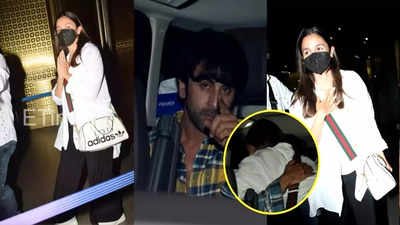 Mom-to-be Alia Bhatt shares a tight hug with husband Ranbir Kapoor at airport; flaunts her baby bump