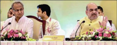 Amit Shah chairs a meeting of the Northern Zonal Council in Jaipur, Saturday. Rajasthan CM Ashok Gehlot is also seen banner img
