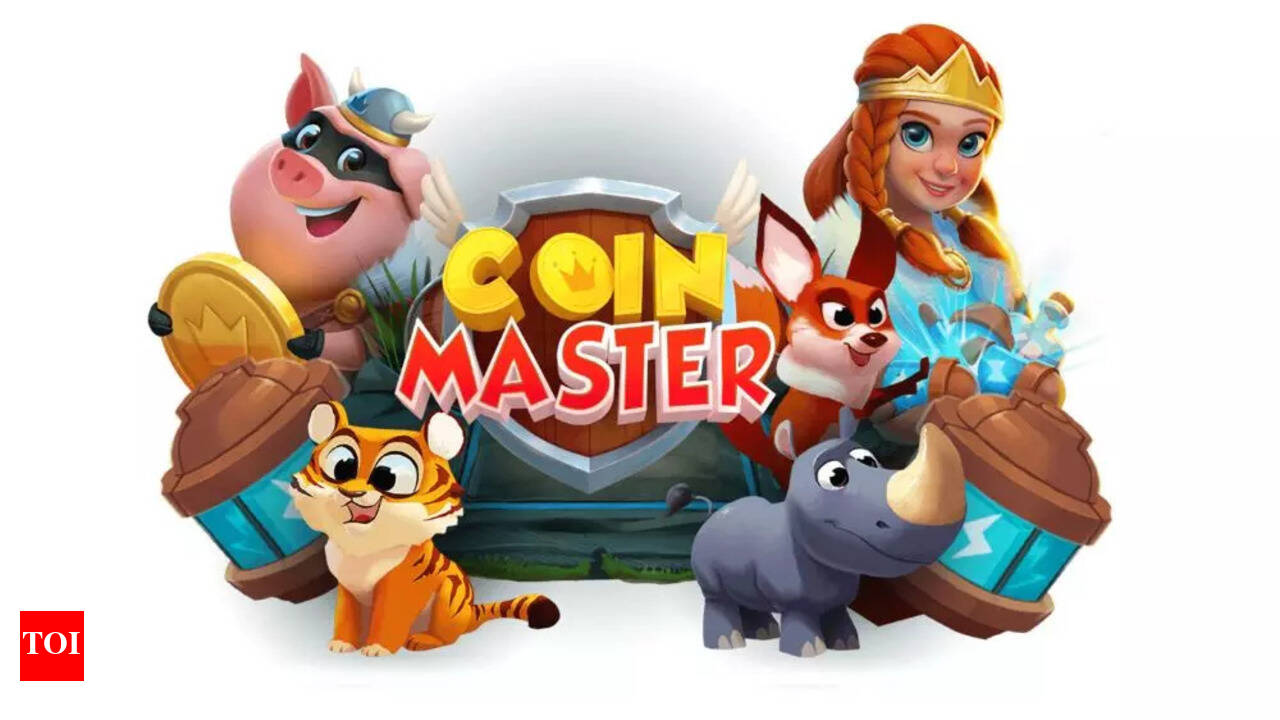 Coin Master free spins slot machine interface with raid and village upgrade options