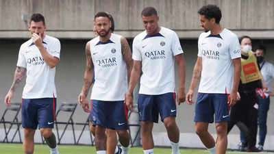 Lionel Messi, Kylian Mbappe and Neymar Junior model Paris Saint