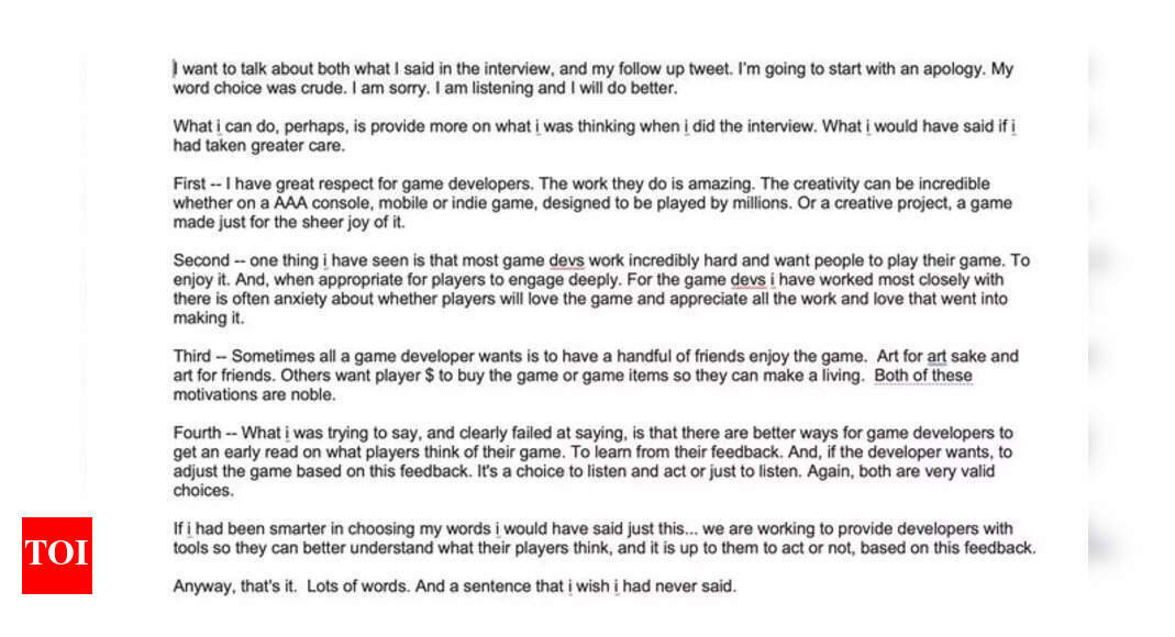 Gaming company CEO says sorry for calling developers “f***ing idiots”; read the apology letter – Times of India