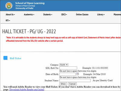 DU SOL Admit Card 2022 released @web.sol.du.ac.in; download here