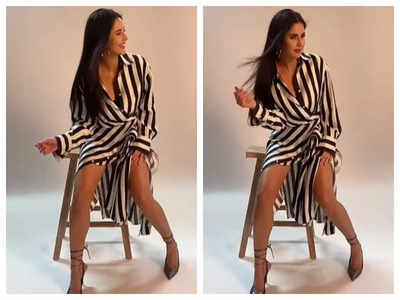 Katrina Kaif stuns in a black-and-white striped dress as she poses for a glamorous photoshoot – WATCH Video