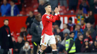 MANCHESTER, UNITED KINGDOM - APRIL 13: Cristiano Ronaldo of Manchester  United celebrates scoring his teams open…