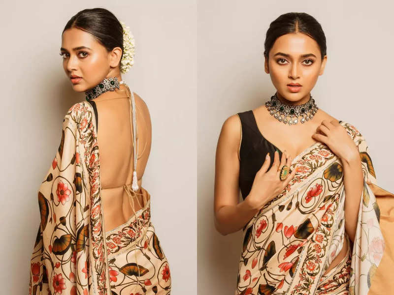 Tejasswi Prakash's printed sari and backless blouse is a mood