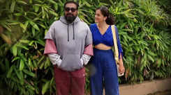 Taapsee Pannu gets clicked in all blue trouser and crop lace top, where as Anurag Kashyap gets captured in a all funky look