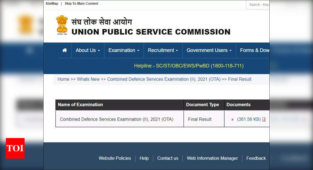 UPSC CDS 2021 Final Result for OTA announced on upsc.gov.in, download PDF here – Times of India