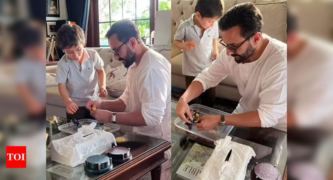Saif Ali Khan and his son Taimur Ali Khan build rock band stage with recycled paper – Watch video – Times of India