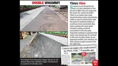 Within a year of tarring, Khamla Road wears craters, peeled off surface layer