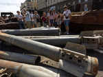 People visit an exhibition of destroyed Russian military vehicles and weapons in Kyiv