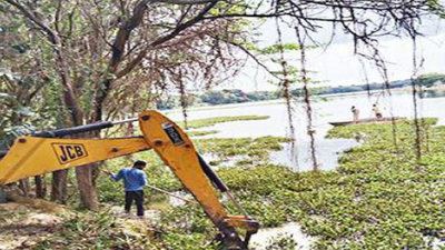 Mysuru: Water hyacinth removal gains momentum at Kukkarahalli Lake, MCC provides earthmover