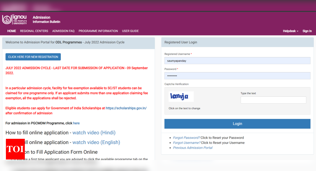 IGNOU July 2022 Session re-registration deadline extended again, apply till Sept 9 @ ignou.ac.in – Times of India