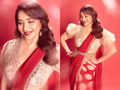 Madhuri shows off her age-defying looks in a polka-dot sari