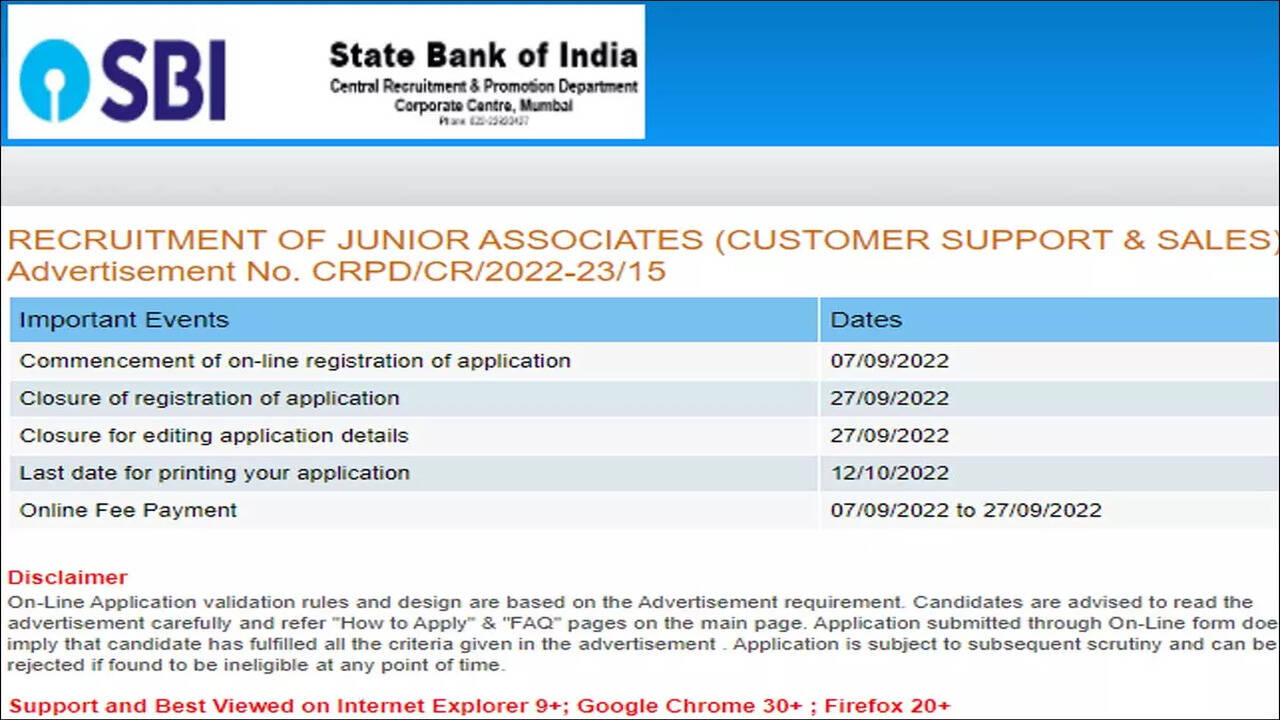 SBI Clerk 2022: Apply online for 5008 SBI Junior Associates posts, direct  link, Notification | - Times of India