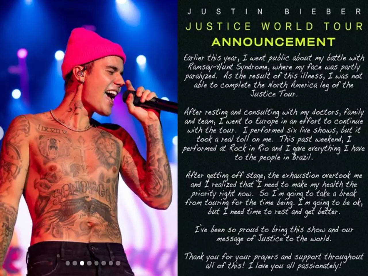 Justin Bieber cancels all concerts due to mental health concerns