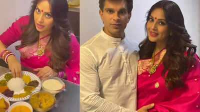 Bipasha Basu flaunts traditional look as she gives a glimpse of her baby shower; Karan Singh Grover drops mushy pictures with his 'mishti' babies