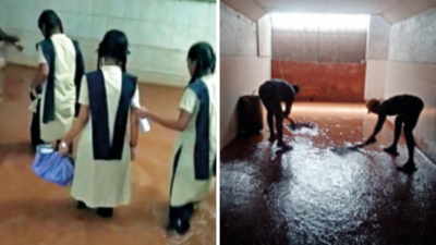 Mangaluru: Schoolkids wade through waterlogged underpass in Surathkal