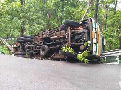 Truck falls on side at Karmalghat