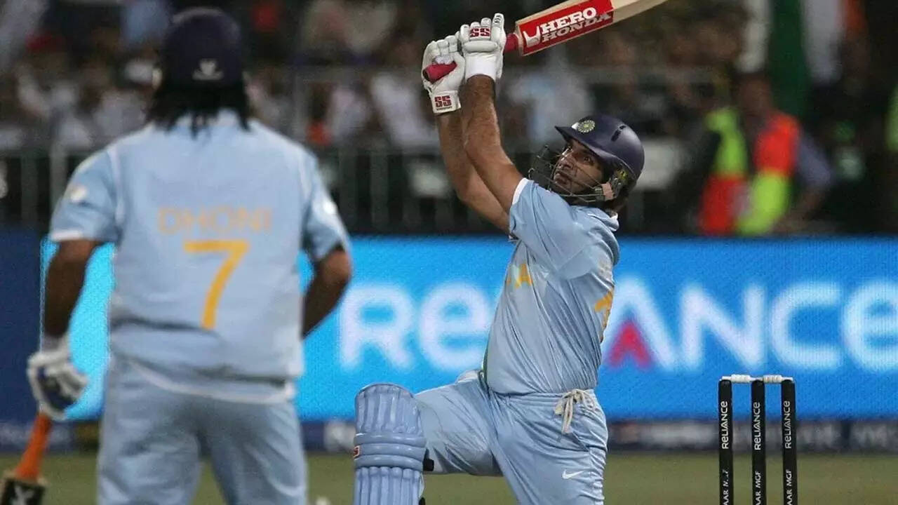 "Yuvraj Singh celebrates after hitting six consecutive sixes in an over against England during the 2007 T20 World Cup at Kingsmead, Durban." Hindustan Times
