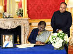 London, Sept 18 (ANI): President Droupadi Murmu signing the Condolence Book at L...