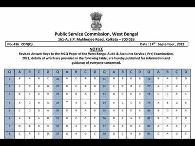 WBPSC Revised Answer Key 2022 for Audit, Account Service exam released at wbpsc.gov.in, direct link here