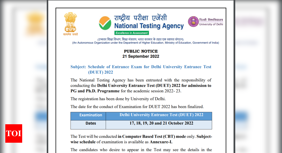 Duet Pg 2022 Duet Pg And Ph D 2022 Exam Schedule Released