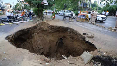 Major portion of road caves in in Ludhiana