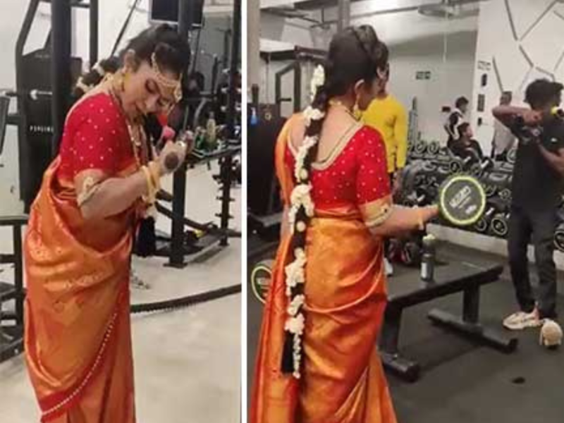 A video of a bride working out in a Kanjeevaram saree goes viral