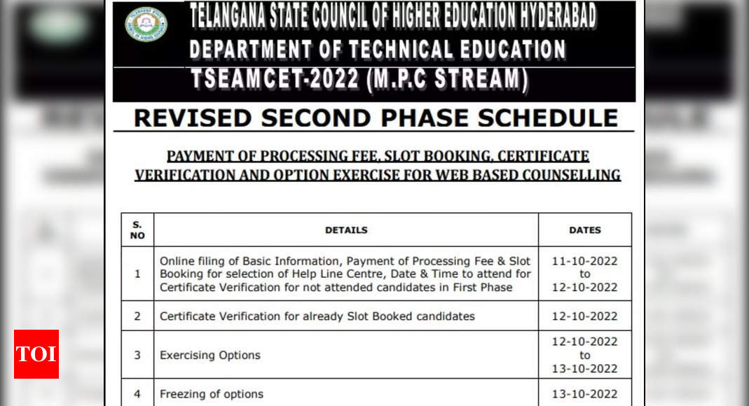 TS EAMCET 2022 Counselling Phase 2 schedule revised, check details here