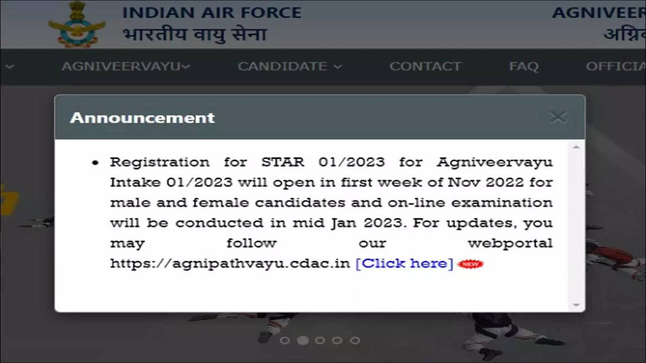 Indian Air Force Agniveer Vayu Intake 01/2023 application to begin from Nov  first week on agnipathvayu.cdac.in - Times of India