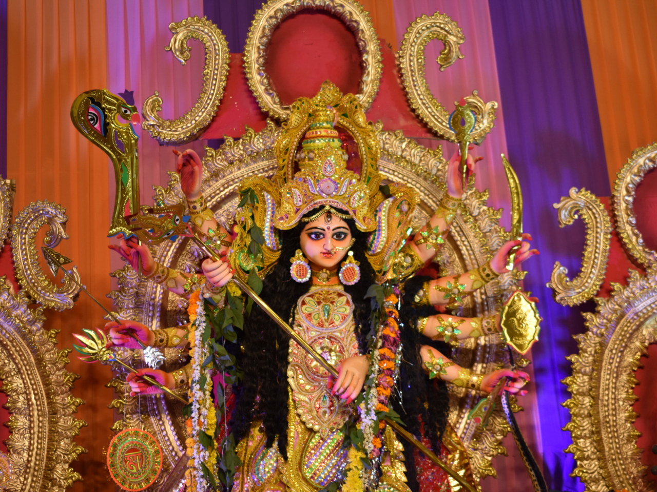 Goddess Durga Idol At Decorated Durga Puja Pandal, Shot At Colored Light,  In Kolkata, West Bengal, India. Durga Puja Is Biggest Religious Festival Of  Hinduism And Is Now Celebrated Worldwide. Stock Photo,