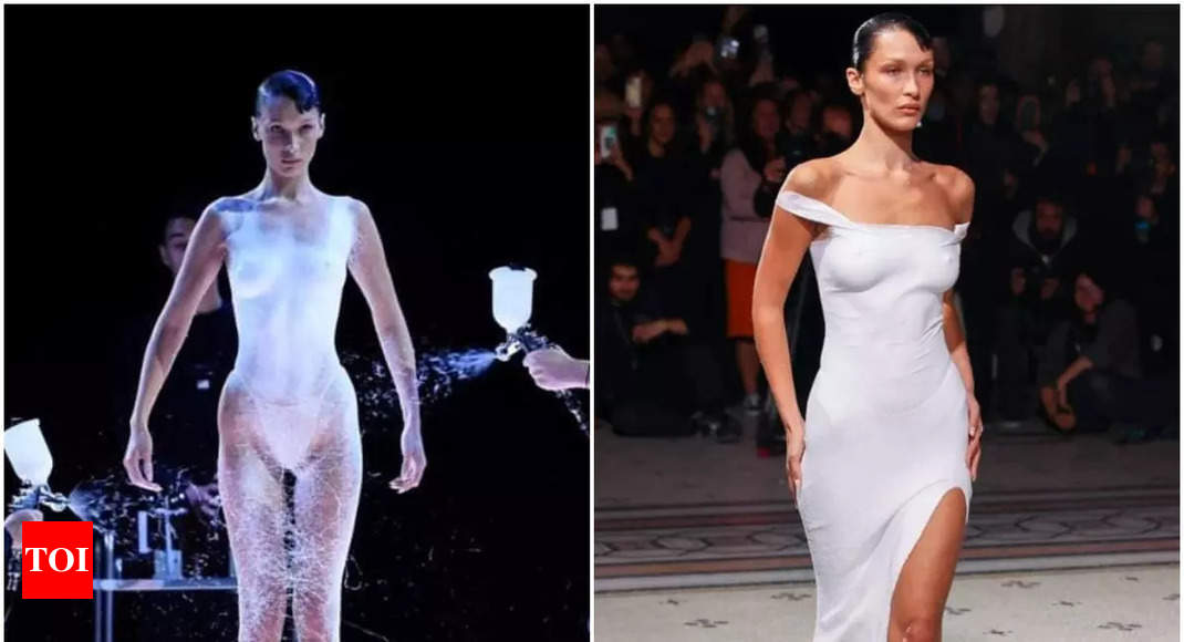 Bella Hadid has dress spray-painted on at Paris Fashion Week