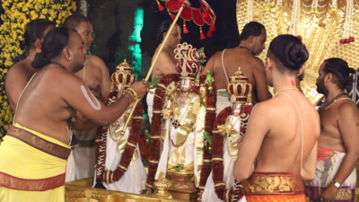 Spiritual feast: Saffron threads, Pista Badam garlands adorned to Lord Venkateswara at Tirumala temple