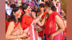 Sindoor Khela festivities take place at Durga Puja pandals across the city