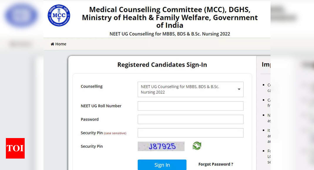 NEET UG Counselling 2022 Registration for Round 1 begins on mcc.nic.in