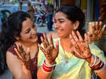 Amritsar: Married women with henna applied on their hands on the eve of 'Karwa C...