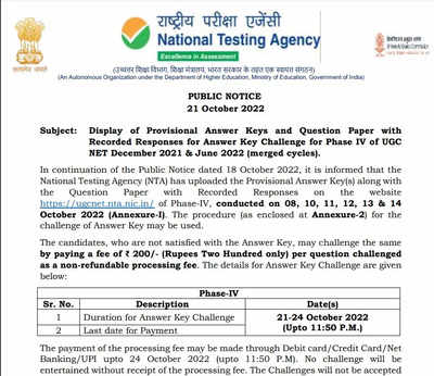 UGC NET Phase 4 Answer Key 2022 released at ugcnet.nta.nic.in; raise objection till Oct 24