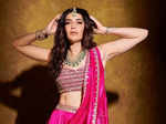 Karishma Tanna donned a designer pink lehenga choli during the Diwali festivities.