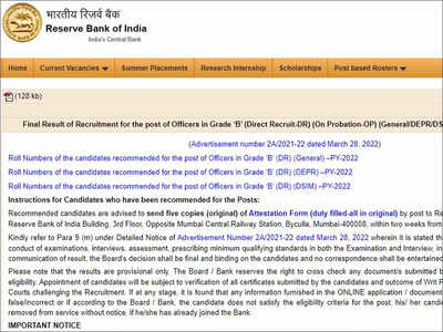 RBI Grade B Result: RBI Grade B 2022 Final Result Declared For Officer ...