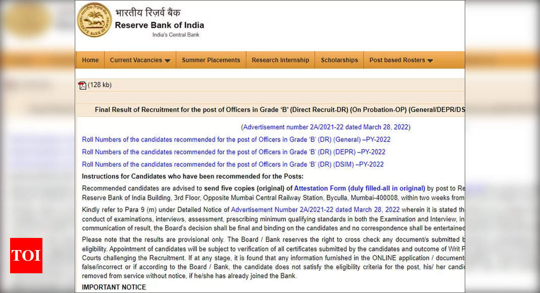 RBI Grade B Result: RBI Grade B 2022 Final Result Declared For Officer ...