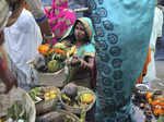 New Delhi: Devotees gather to perform rituals during 'Chhath Puja' festivities, ...