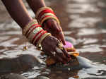 Jammu: A devotee performs rituals of Chhath Puja festival in Tawi river in Jammu...