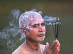 Dimapur: A devotee offers prayers to Sun god during the Chhath Puja festival, in...