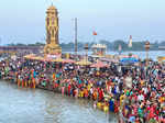 Haridwar: Devotees offers prayers to setting sun during Chhath Puja festival, at...