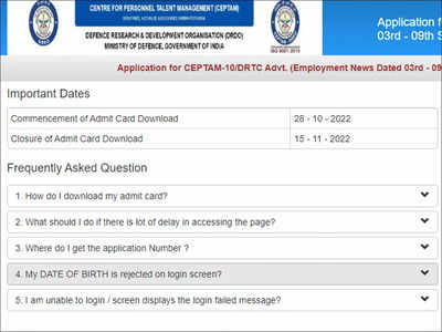 DRDO CEPTAM 10 Admit Card 2022 Released, Download Here - Times Of India