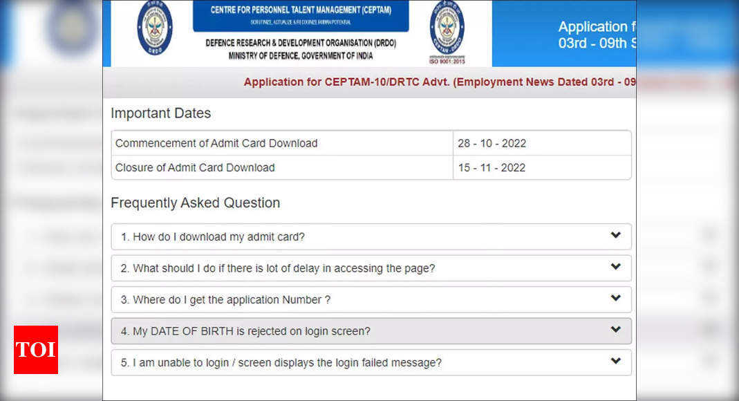 DRDO CEPTAM 10 Admit Card 2022 Released, Download Here - Times Of India