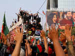 Pakistan's former prime minister Imran Khan leads a freedom march to pressure the government to announce new elections, in Lahore