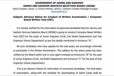 JKSSB JE/SI 2022 exam dates released on jkssb.nic.in, check 