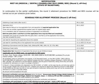 Rajasthan NEET UG Counselling 2022: Round 2 schedule released at rajneetug2022.in, check details here