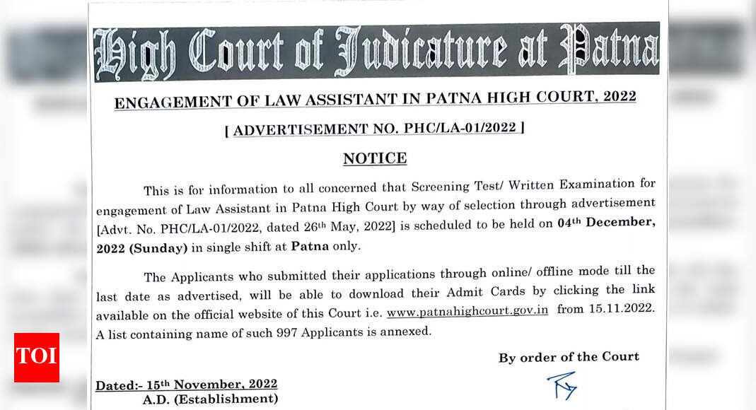 Patna HC Law Assistant Admit Card 2022 released, download link here - Times  of India
